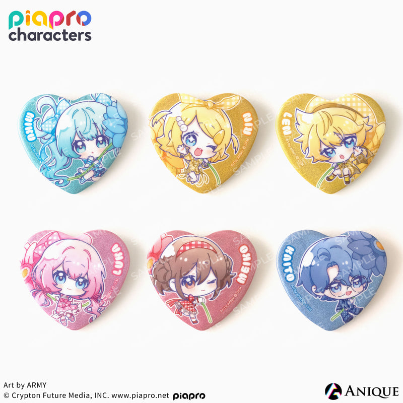 『ピアプロキャラクターズ』描き起こしミニキャライラスト【フラワー*レトロルック ／ Art by ARMY】ハート型グリッター缶バッジ