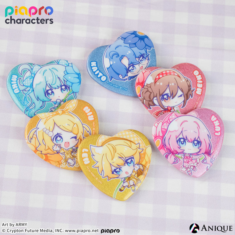『ピアプロキャラクターズ』描き起こしミニキャライラスト【フラワー*レトロルック ／ Art by ARMY】ハート型グリッター缶バッジ
